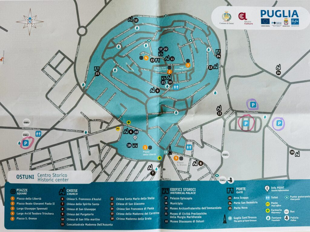 Public car parks for Ostuni’s old town. As shown on tourist office map from Ostuni’s local tourist office. Photo the Puglia Guys