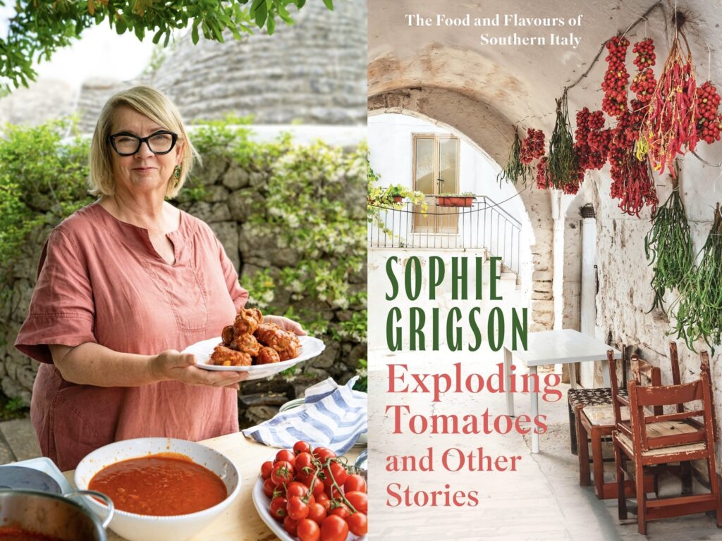 Sophie Grigson at the Trullo Tre Mondi, showing the cooked Brasciole in tomato sauce with the fresh tomato sauce in a bowl. © Warner Brothers Discovery. Sophie Grigson Exploding Tomatoes and Other Stories. ©️ Headline Home. Composite The Puglia Guys.