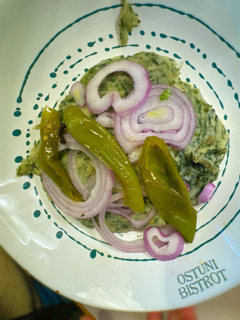 Fava bean purée recipe from the Puglia Kitchen by the Puglia Guys. Fava bean purée, with friggitelli at Ostuni Bistrot.