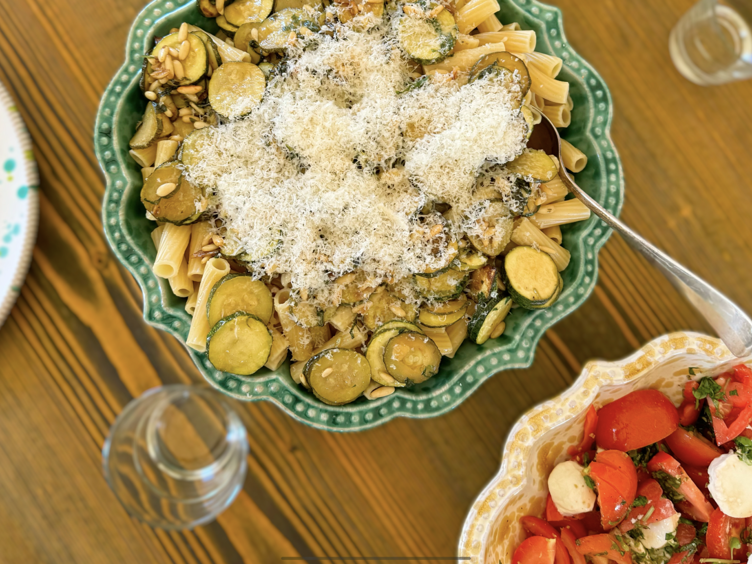 Rigatoni alle zucchine served up in a ceramic bowl in the Puglia Kitchen. Pasta and courgette recipe by the Puglia Guys.