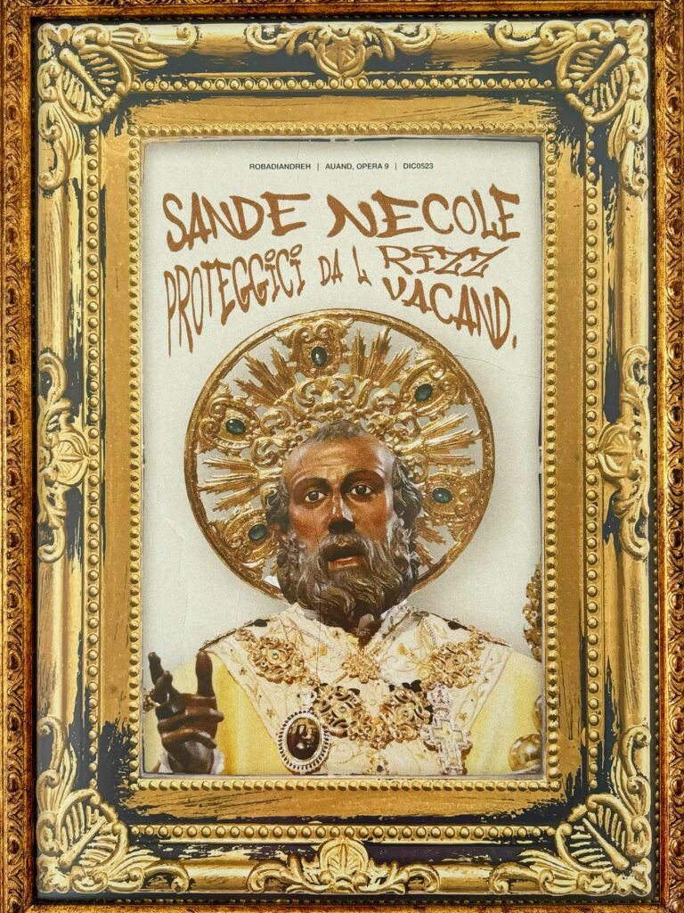 San Nicola poster by Andrea Visaggio. In dialect “Sande Nicole proteggici da l rizz vacand”. Literally asking Saint Nicholas to protect us agains “empty [sea] urchins” and metaphorically against the empty headed. It also alludes to the regional law banning fishing for sea urchins for three years to allow repopulation.

Photo by the Puglia Guys, Puglia ambassadors. PugliaGuys.com