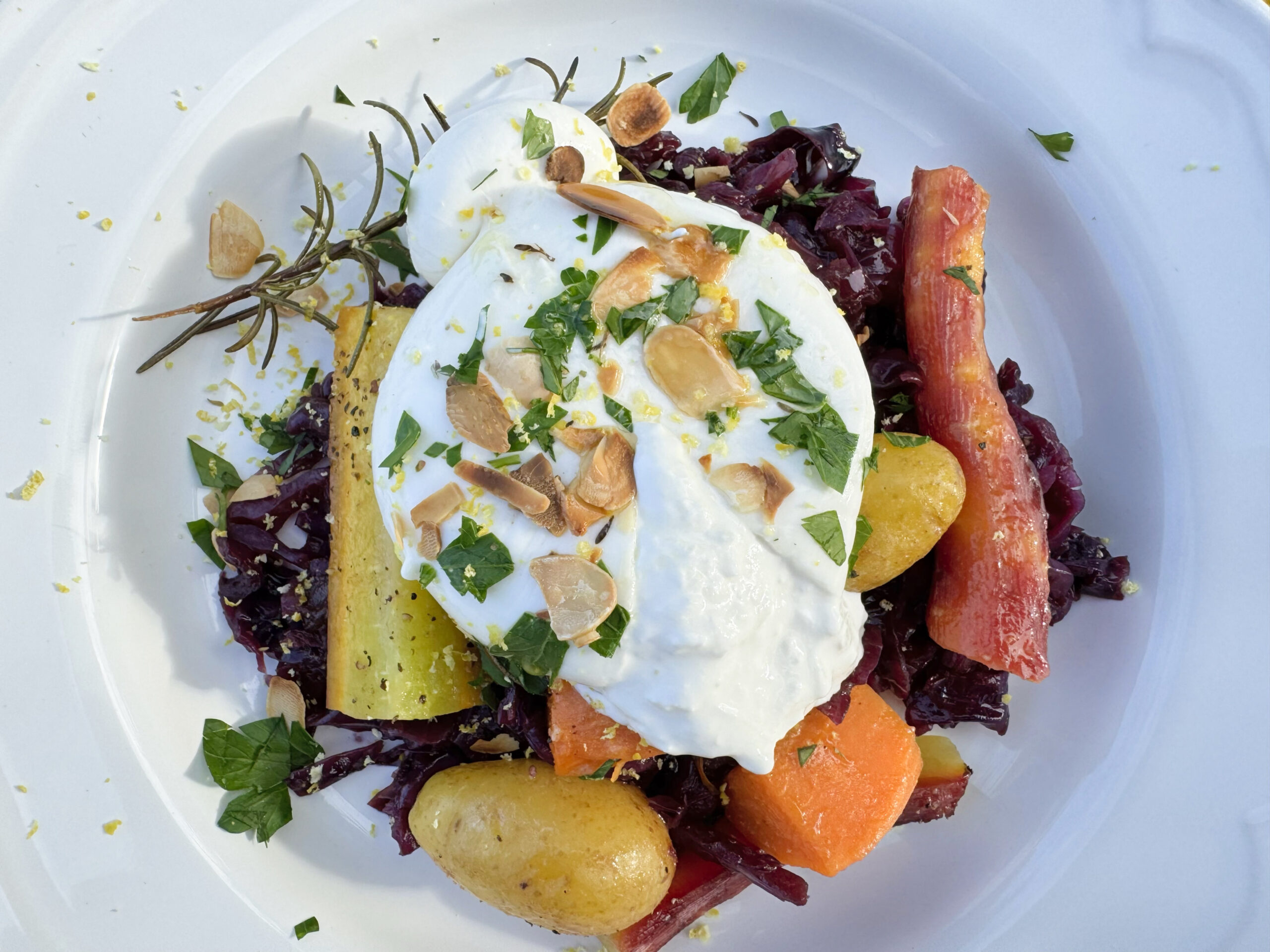 Roasted leftover Christmas Day vegetables with burrata by the Puglia Guys