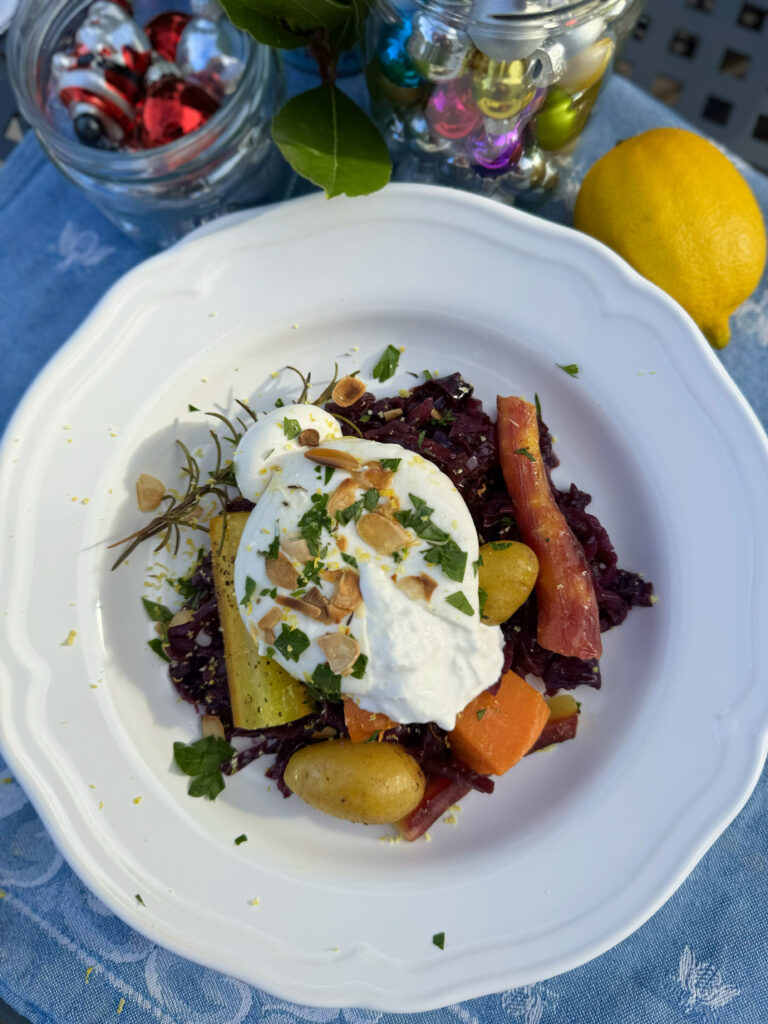 Roasted leftover Christmas Day vegetables with burrata by the Puglia Guys