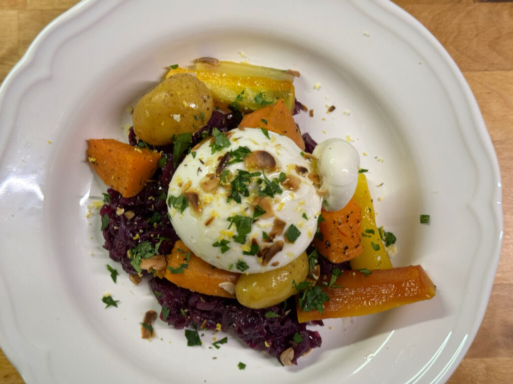 Roasted leftover Christmas Day vegetables with burrata by the Puglia Guys