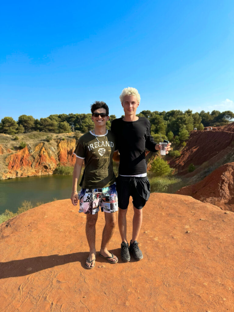 At the Bauxite Cave, Otranto. 

Heading south, take a short drive from Otranto to explore the surreal Bauxite Cave, a former bauxite mine known for its emerald-green waters and unique landscape. It's a great spot for hiking and photography. There is a parking lot nearby (3€) and from there it’s a 10 minute walk to the lake. There is a small van selling refreshments half way along!

Photo by the Puglia Guys (summer 2024 Bari team pictured), Puglia ambassadors. Puglia Guys.com