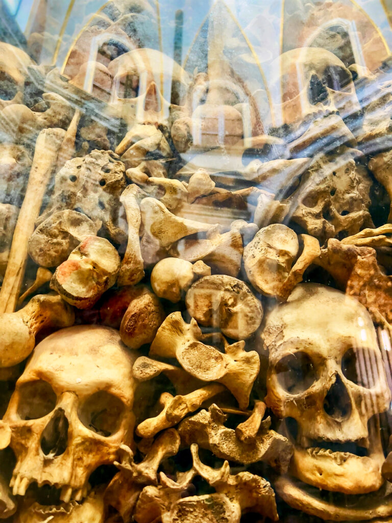 The skulls of the Martyrs of Otranto inside Otranto Cathedral.

The Ottoman siege of 1480 was a dark chapter in Otranto’s history, pitting the Christian West against the Muslim East. On July 28th of that year, a Turkish fleet led by Acmet Pasha appeared on the northern horizon of the city, initially headed for Brindisi but diverted to Otranto by a storm. This expedition was part of Muhammad II's plan to subjugate southern Italy and reconnect with the Muslims of Spain. Otranto endured a brutal siege, After fierce resistance, resulting in the destruction of its fortifications, 18,000 Turks captured the city on August 12th.

Following the conquest, Acmet Pasha gave the city's able-bodied men a grim ultimatum: convert to Islam or face death. Eight hundred Martyrs who refused to renounce their faith were executed on the Colle della Minerva, located "three hundred steps" from the city, on August 14th. 

Otranto was reclaimed by Christians the year after, with Alfonso, Duke of Calabria, receiving the city's keys from the defeated Turks on September 8th. On October 13th, the remains of the Martyrs were interred in the cathedral's crypt by order of Pope Sixtus V. Still displayed in glass cases in the cathedral, they serve as a sombre reminder of human mortality and resilience.

Photo by the Puglia Guys, Puglia ambassadors. PugliaGuys.com