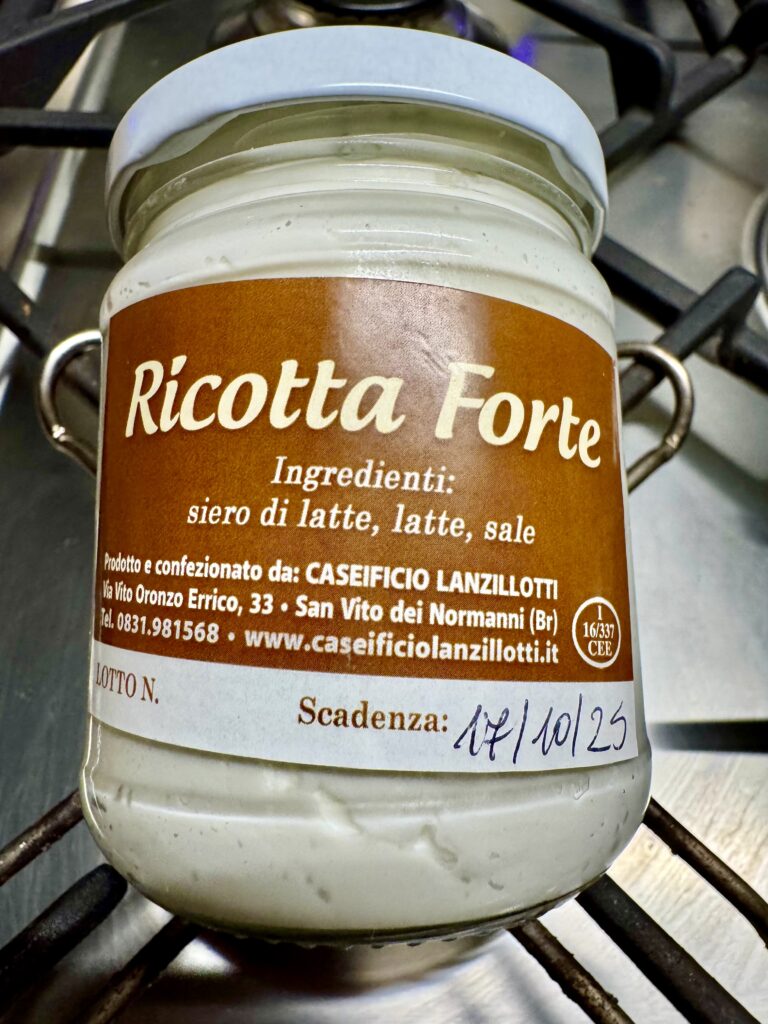 Ricotta forte for the Puglia Kitchen recipe | Pasta e Fagioli alla Barese.

In Bari, pasta e fagioli is made with a local ingredient that takes it to another level of pleasure: ricotta forte – in Barese dialect, ricotta ascuànt – a store cupboard essential in our Puglia Kitchen. It is a type of fermented ricotta cheese, creamy and with a strong, tangy flavour.

Photo, recipe and cooking by the Puglia Guys, Puglia ambassadors.